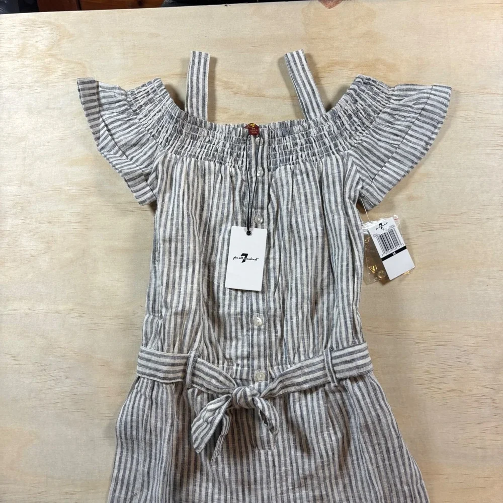 7 For All Mankind Beige and White Striped Linen-Blend Jumpsuit